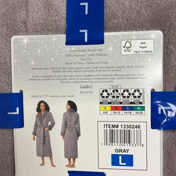 NEW Carole Hochman Plush Wrap Robe Women's L Gray Faux Fur Patch Pockets - Picture 5 of 6